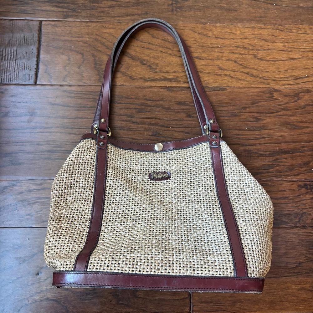 Vintage John Romain Woven Straw Wicker Tote Bag Purse Leather Trim 1960s Boho